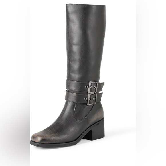 The Drop Shoes - The Drop Women's Sage Tall Biker Boot with Buckles, Distressed Cognac